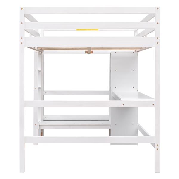 Full Size Loft Bed with Multifunction Shelves and Under-bed Desk, White