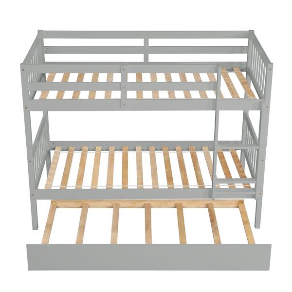 Twin Over Twin Bunk Beds with Trundle, Solid Wood Trundle Bed Frame with Safety Rail and Ladder, Kids/Teens Bedroom, Guest Room Furniture, Can Be converted into 2 Beds,Grey