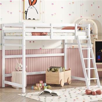 Twin Size High Loft Bed with inclined Ladder, Guardrails,White