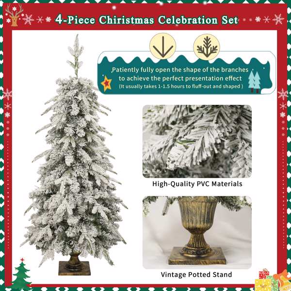 Pre-lit Christmas Artificial Tree 4-Piece Set, Garland, Wreath and Set of 2 Entrance Trees, X-mas with LED Lights, PVC Festival Celebration Set, Green 