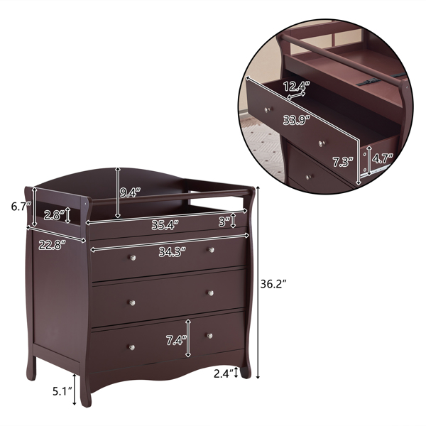 【Old Code:62594198】90*58*99cm Three Drawers With Seat Belt Baby Wooden Bed Nursing Table Brown