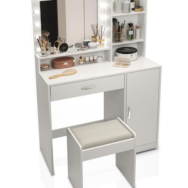 Vanity Desk with Mirror & Light, Large Drawer Three Level Storage Dresser, 3 Lighting Modes Adjustable Brightness, Bedroom Dressing Table (White with Stool)