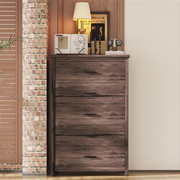 Retro American Country Style Wooden Dresser with 5 Drawer, Storage Cabinet for Bedroom, Dark Walnut