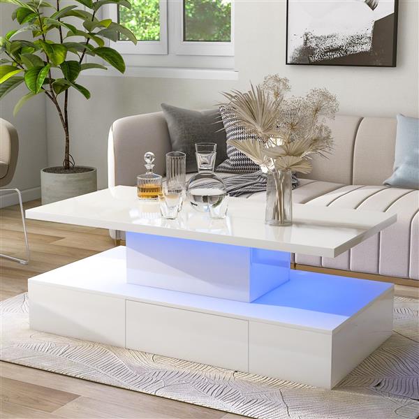 Modern Glossy Coffee Table With Drawer, 2-Tier Rectangle Center Table with LED lighting for Living room, 39.3''x19.6''x15.3'', White