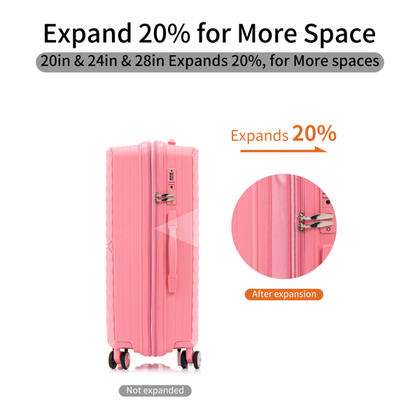  PP Luggage Sets 3 Piece(20/24/28), Expandable Carry On Luggage with TSA Lock Airline Approved, PP materials Hard Shell and Lightweight Suitcase with Spinner Wheels (Pink) 