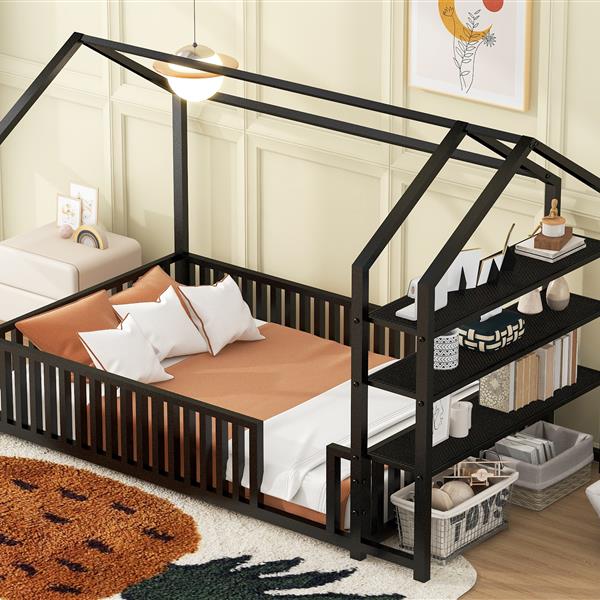 Twin Size Metal House Bed with Fence and Detachable Storage Shelves, Black