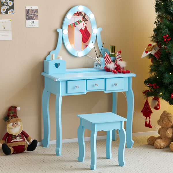 FCH Kids Vanity Set with Mirror and Lights and Stool, 5 Storage Drawers, Pretend Play Princess Makeup Desk Dressing Table and Stool Set for Little Girls Age 3+, Macaroon Blue