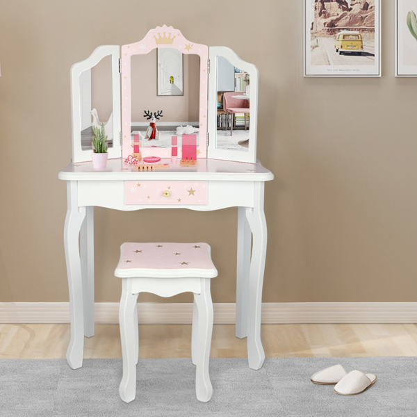 Wooden Toy Children's Dressing Table Three Foldable Mirror/Chair/Single Drawer Pink Star Style