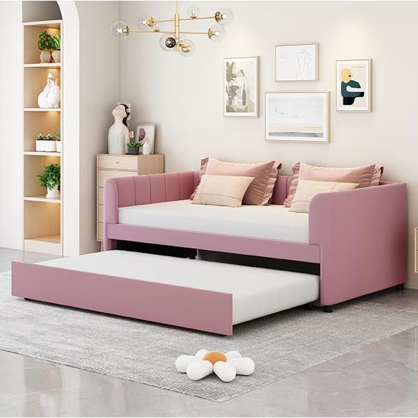 Twin Size Upholstered Daybed with Ergonomic Design Backrest and Trundle, Pink