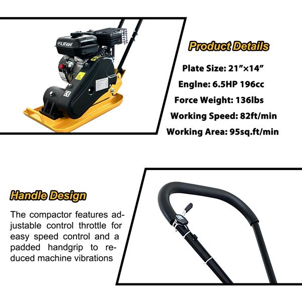 Plate Compactor Rammer, 6.5HP 196cc Gas Engine 5488 VPM 2500 LBS Compaction Force, 21 x 14 inch Plate, Ground Compactors for Paving Landscaping Sidewalk Patio, EPA Compliant