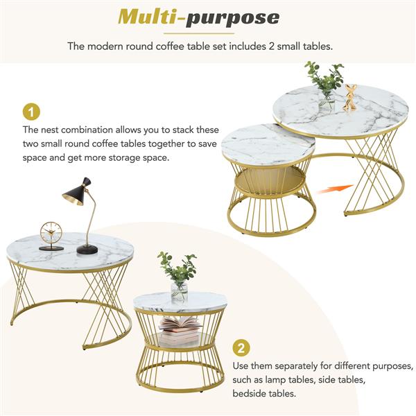 [VIDEO provided] Φ27.5'' & Φ17.7'' Nesting Coffee Table with Marble Grain Table Top, Golden Iron Frame Round Coffee Table, Set of 2, for Living Room, Balcony, White