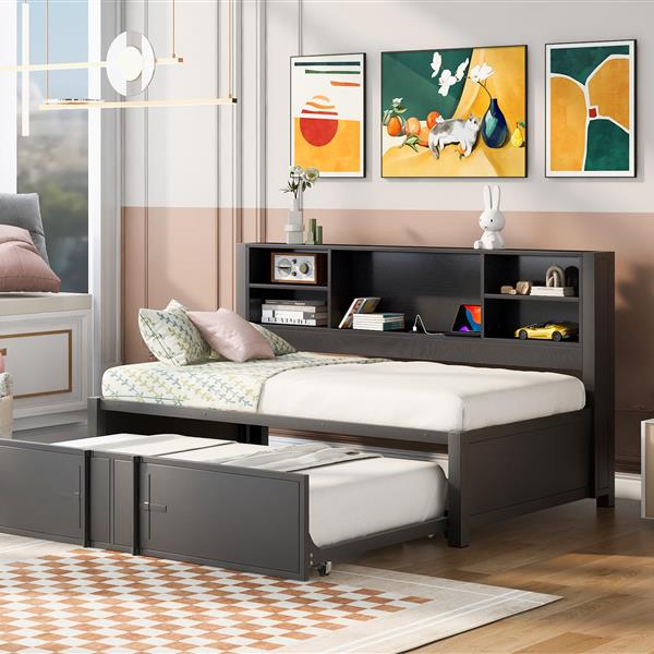 Metal Twin Size Daybed with Twin Size Trundle, Storage Shelves and USB Ports, Black