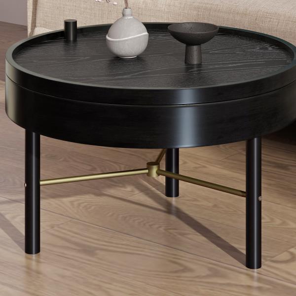 Modern Round Wood Rotating Tray Coffee Table with Storage & Metal Legs in Black