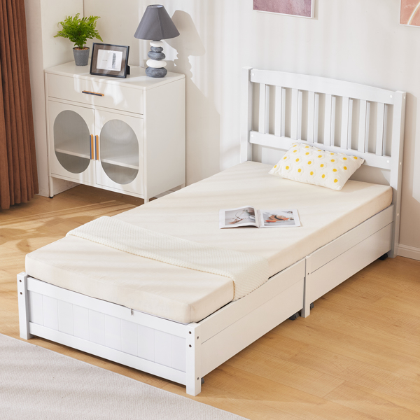 Four Large Drawers Pinewood Bed with a Curved Vertical Headboard Featuring Twin White