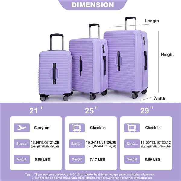 3 Piece Luggage Sets PC+ABS Lightweight Suitcase with Two Hooks, 360° Double Spinner Wheels, TSA Lock, (21/25/29) Light Purple