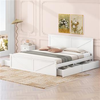 King Size Wooden Platform Bed with Four Storage Drawers and Support Legs, White