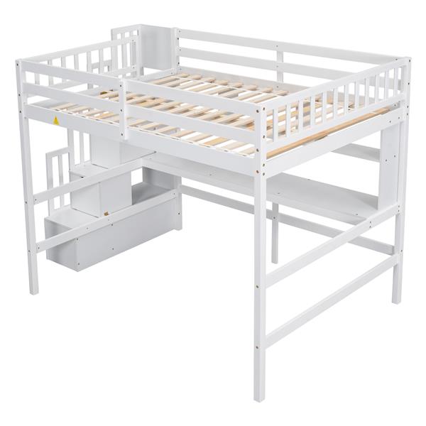 Full Size Loft Bed with Built-in Desk, Bookshelves and Storage Staircase,White