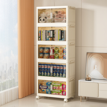 19.69\\" Side Wide Folding Storage Cabinet ,5 Tiers,19.69\\"×11.81\\"×50.00\\",Collapsible Storage Bins with Magnetic Door, Plastic Storage Cabinet with Wheels, Closet organizers and Storage Containers 