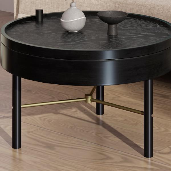 Modern Round Wood Rotating Tray Coffee Table with Storage & Metal Legs in Black