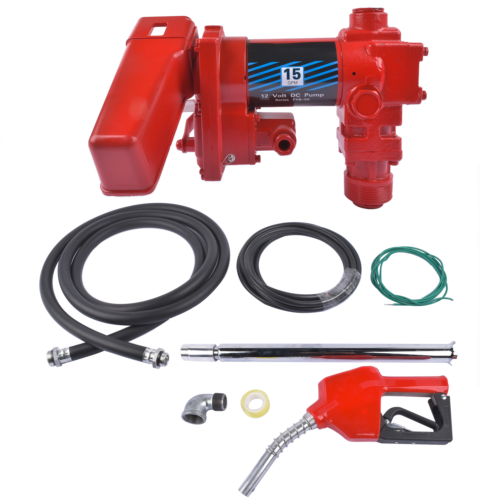 Red Nozzle Large Bore 12V 15 GPM 13A Fuel Transfer Pump with Discharge Hose view 1