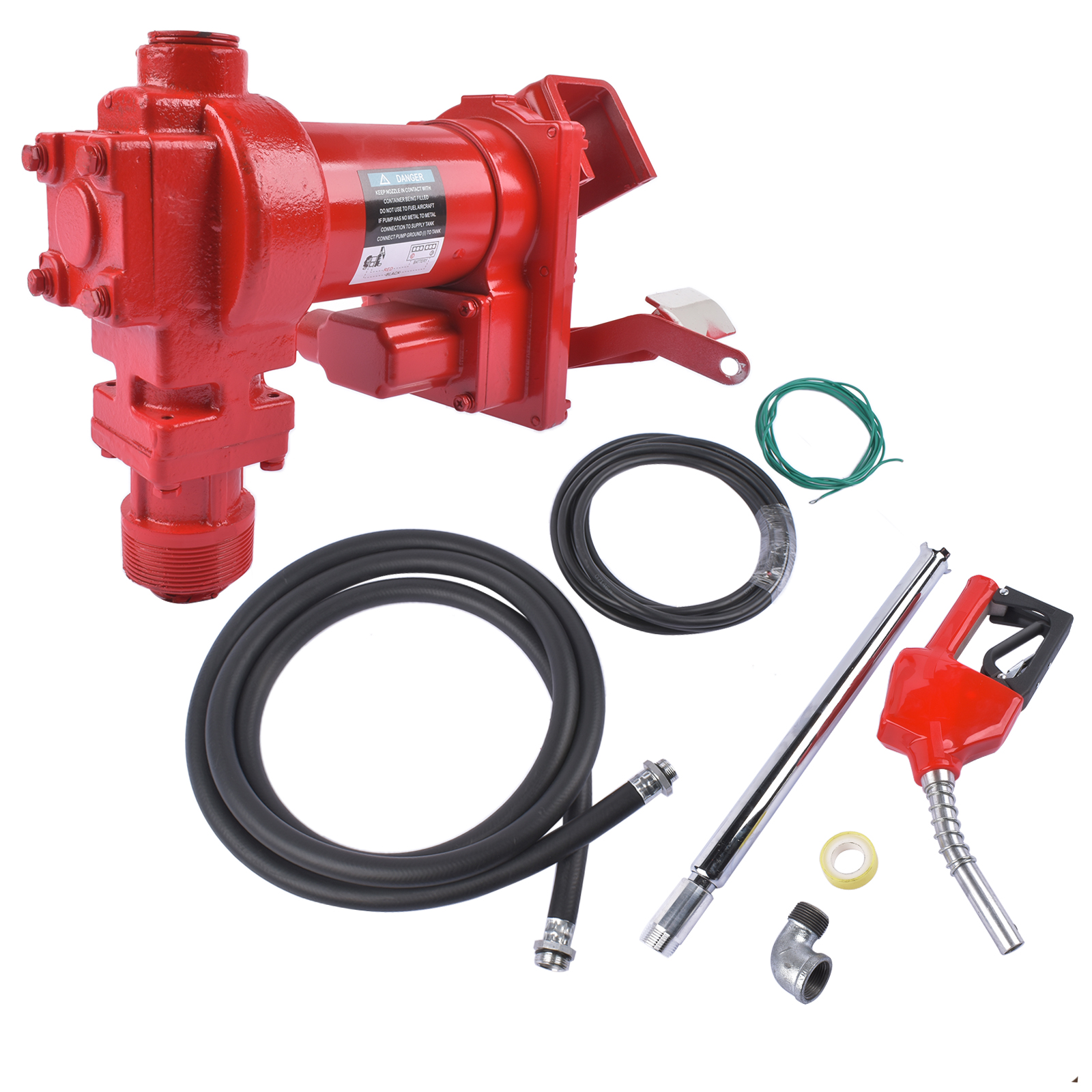 Red Nozzle Large Bore 12V 15 GPM 13A Fuel Transfer Pump with Discharge Hose view 2