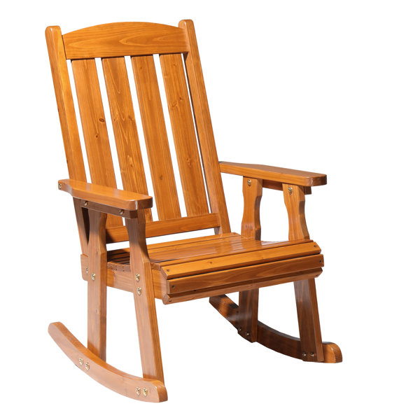 Teak color fir vertical stripe back wooden rocking chair