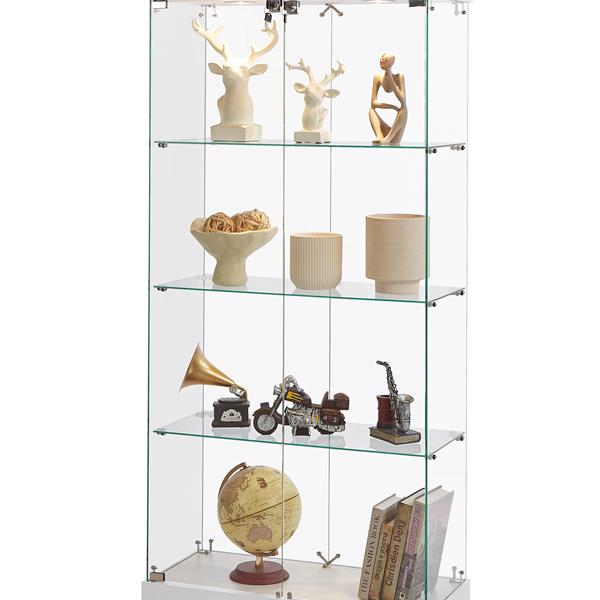 4-Tier Glass Display Cabinet, Double Door Glass Cabinet, Four Partitions, Two Locks, Floor Standing Storage Cabinet for Living Room, Bedroom, Showroom and Office, White, 31.5"L x 14.2"W x 66.3"H