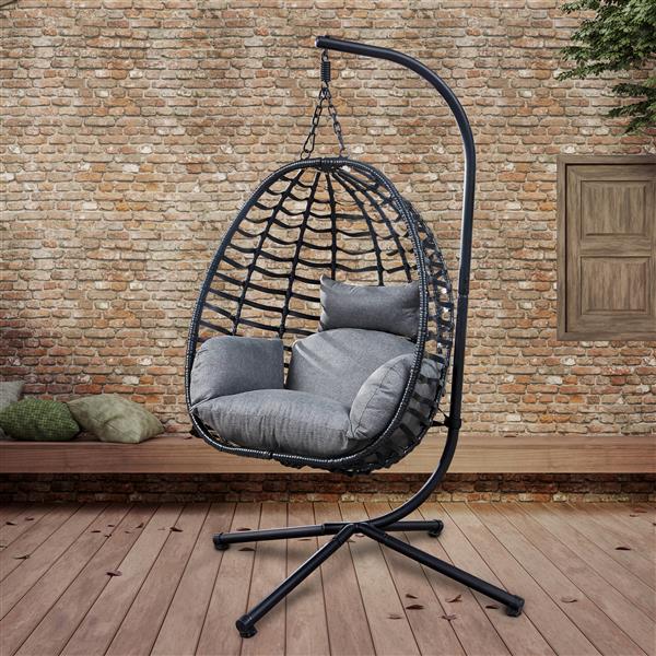 Outdoor Wicker Swing Chair With Stand for Balcony, 37"Lx35"Dx78"H (Grey)