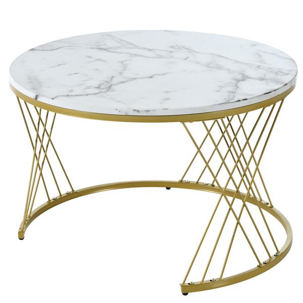 [VIDEO provided] Φ27.5'' & Φ17.7'' Nesting Coffee Table with Marble Grain Table Top, Golden Iron Frame Round Coffee Table, Set of 2, for Living Room, Balcony, White