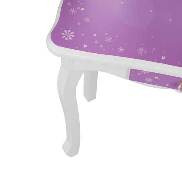 Children's Wooden Dressing Table Three-Sided Folding Mirror Dressing Table  Chair Single Drawer Purple   Snowflake Style