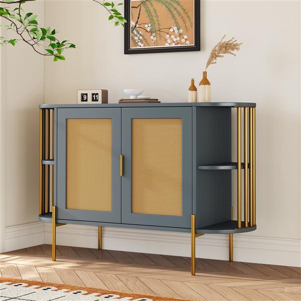 2-Door Elegant Curved Dining Cabinet with Gold Trim and Woven Rattan Doors for Dining Room (Dark Gray)