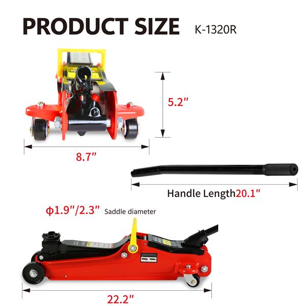 Floor Jack, 2 Ton Low Profile Floor Jack, Heav yDuty Steel Racing Floor Jack with Single Piston QuickLift Pump, Floor Jack Lifting Range 3.3"-15.2"