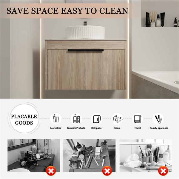 30 " Modern Design Float Bathroom Vanity With Ceramic Basin Set, Wall Mounted White Oak Vanity With Soft Close Door,KD-Packing,KD-Packing,2 Pieces Parcel(TOP-BAA0014012OO)