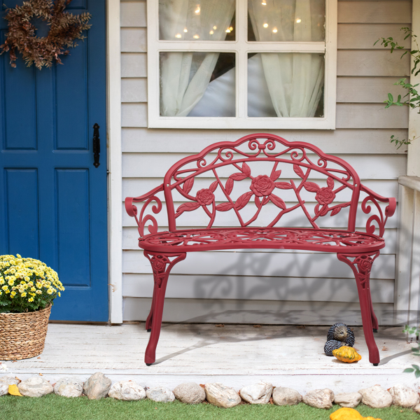 Outdoor Cast Aluminum Patio Bench, Porch Bench Chair with Curved Legs Rose Pattern, Red