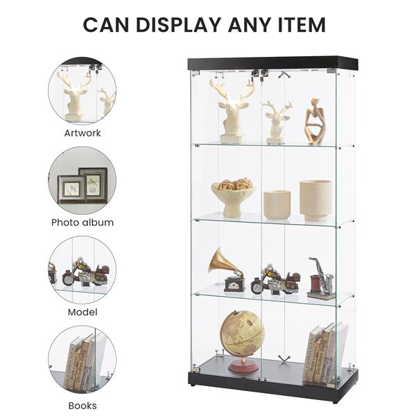 4-Tier Glass Display Cabinet, Double Door Glass Cabinet, Four Partitions, Two Locks, Floor Standing Storage Cabinet for Living Room, Bedroom, Showroom and Office, Black, 31.5"L x 14.2"W x 66.3"H