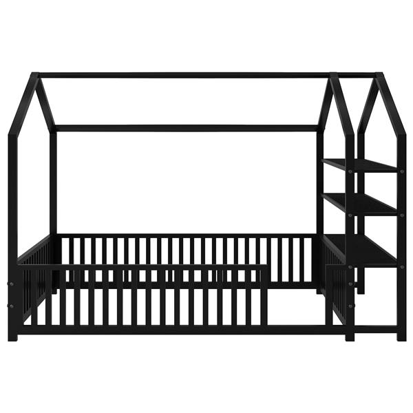 Full Size Metal House Bed with Fence and Detachable Storage Shelves, Black