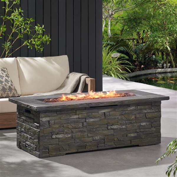 Outdoor Patio Concrete Fire table, Rectangle Gas Burning 56-Inch Fire Pit - 50, 000 BTU, Stone Pattern Fire Table, Grey