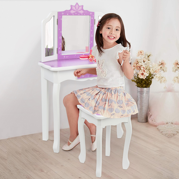 Children's Wooden Dressing Table Three-Sided Folding Mirror Dressing Table  Chair Single Drawer Purple   Snowflake Style