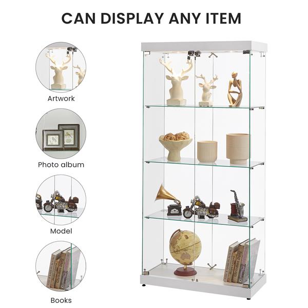 4-Tier Glass Display Cabinet, Double Door Glass Cabinet, Four Partitions, Two Locks, Floor Standing Storage Cabinet for Living Room, Bedroom, Showroom and Office, White, 31.5"L x 14.2"W x 66.3"H