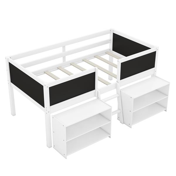 Twin Size Low Loft Bed with Two Movable Shelves and Ladder,with Decorative Guardrail Chalkboard,White