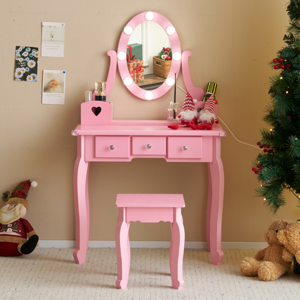 FCH Kids Vanity Set with Mirror and Lights and Stool, 5 Storage Drawers, Pretend Play Princess Makeup Desk Dressing Table and Stool Set for Little Girls Age 3+, Macaroon Pink