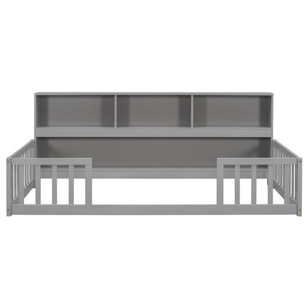 Twin Floor Bed with  Bedside Bookcase,Shelves,Guardrails,Grey