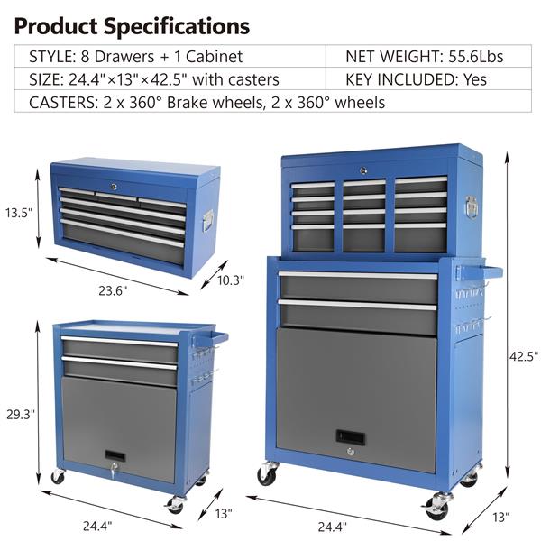 Rolling Tool Chest with Wheels 8 Drawers, Assembled Tool Cabinet Combo with Drawers, Detachable Organizer Tool Chests, Mobile Lockable Tool Box for Workshop Mechanics Garage