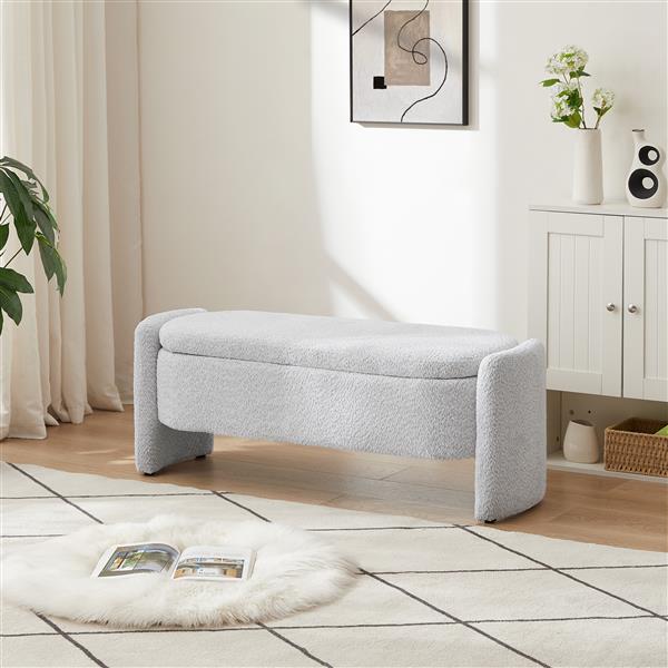 Oval Storage Bench 3D Lamb Fleece Fabric  Bench with Large Storage Space for the Living Room, Entryway and Bedroom,gray