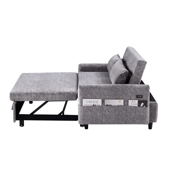 55.1" Pull Out Sleep Sofa Bed Loveseats Sofa Couch with Adjsutable Backrest, Storage Pockets, 2 Soft Pillows, USB Ports for Living Room, Bedroom, Apartment, Office,Grey