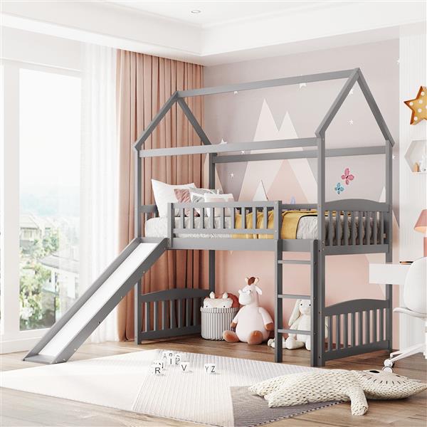 Twin Loft Bed with Slide, House Bed with Slide，Grey