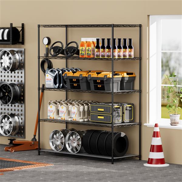 5-tier heavy-duty adjustable shelving and racking, 300 lbs. per wire shelf, with wheels and shelf liners, for warehouses, supermarkets, kitchens, etc. 59.45 "L × 24.02 "W × 71.65 "H,Black