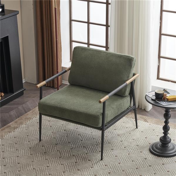 Upholstered Mid Century Lounge Chair Reading Armchair Chenille Fabric Modern Arm Chair with Metal Frame , Chair for Living Room,  Green