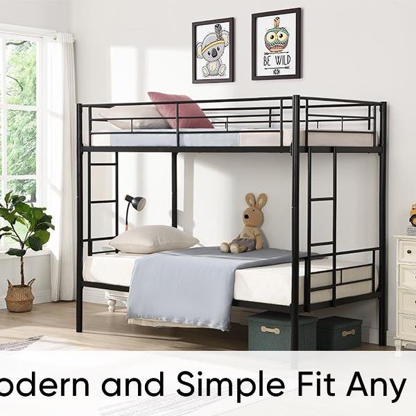 Bunk Bed Twin Over Twin Size with 2 Ladders and Full-Length Guardrail, Metal, Storage Space, No Box Spring Needed, Noise Free, Black