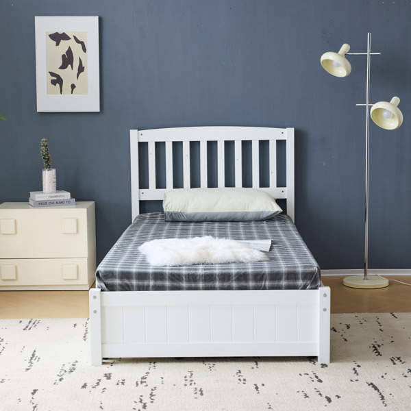 Four Large Drawers Pinewood Bed with a Curved Vertical Headboard Featuring Twin White